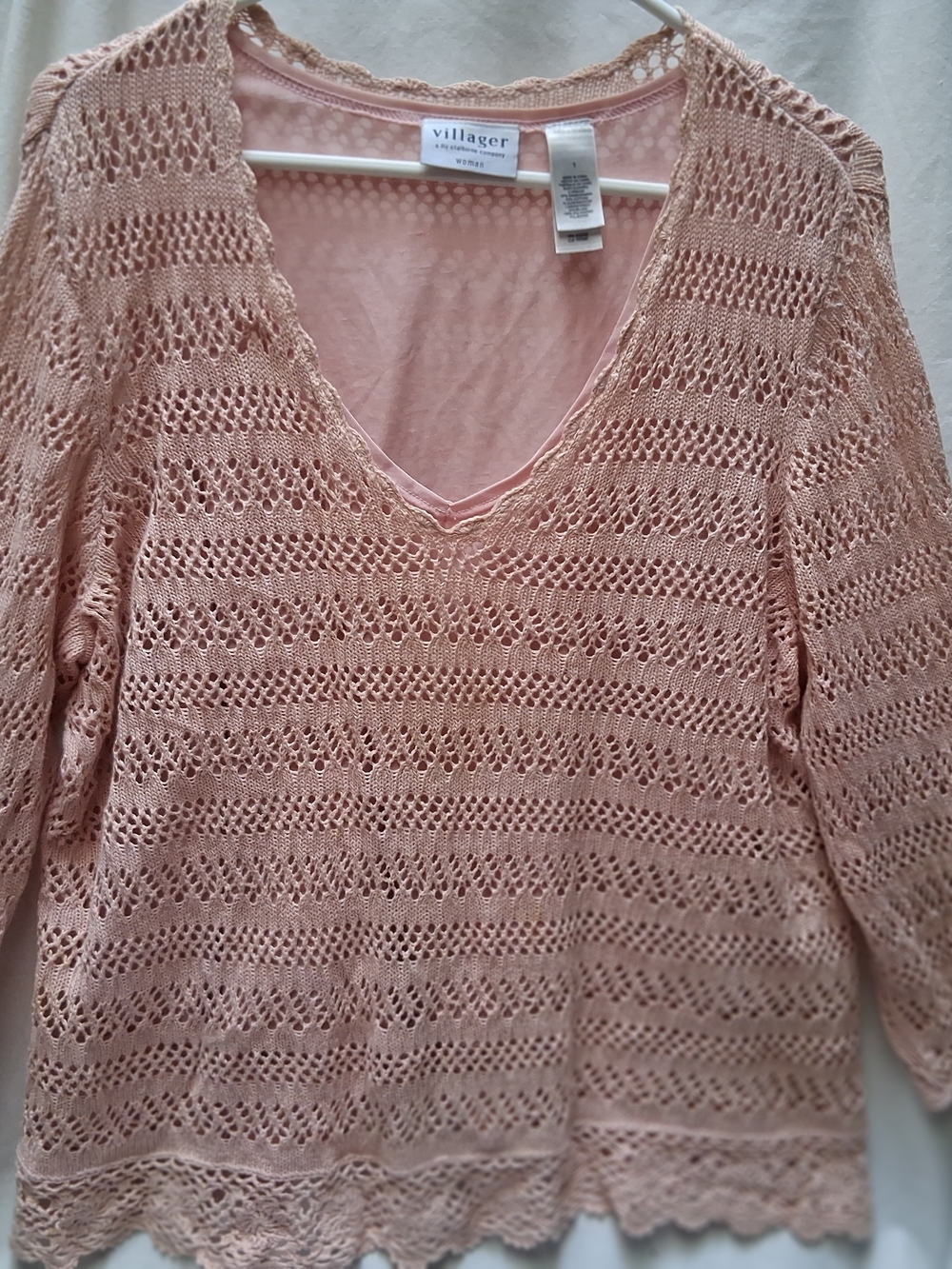 Liz Claiborne Peach-Pink Crochet V-Neck Sweater